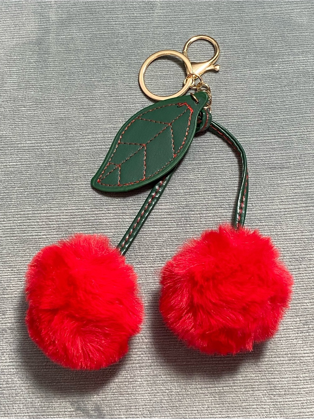 Cherry Red Pom Pom & Green Leaf Keychain Charm - Women Accessories 7” long